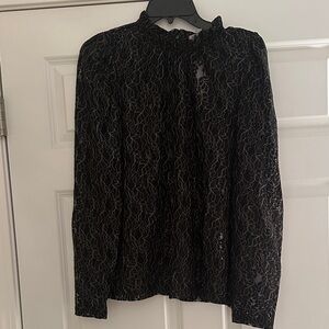 LOFT Black\Gold Lace Mock Neck Ruffle Blouse